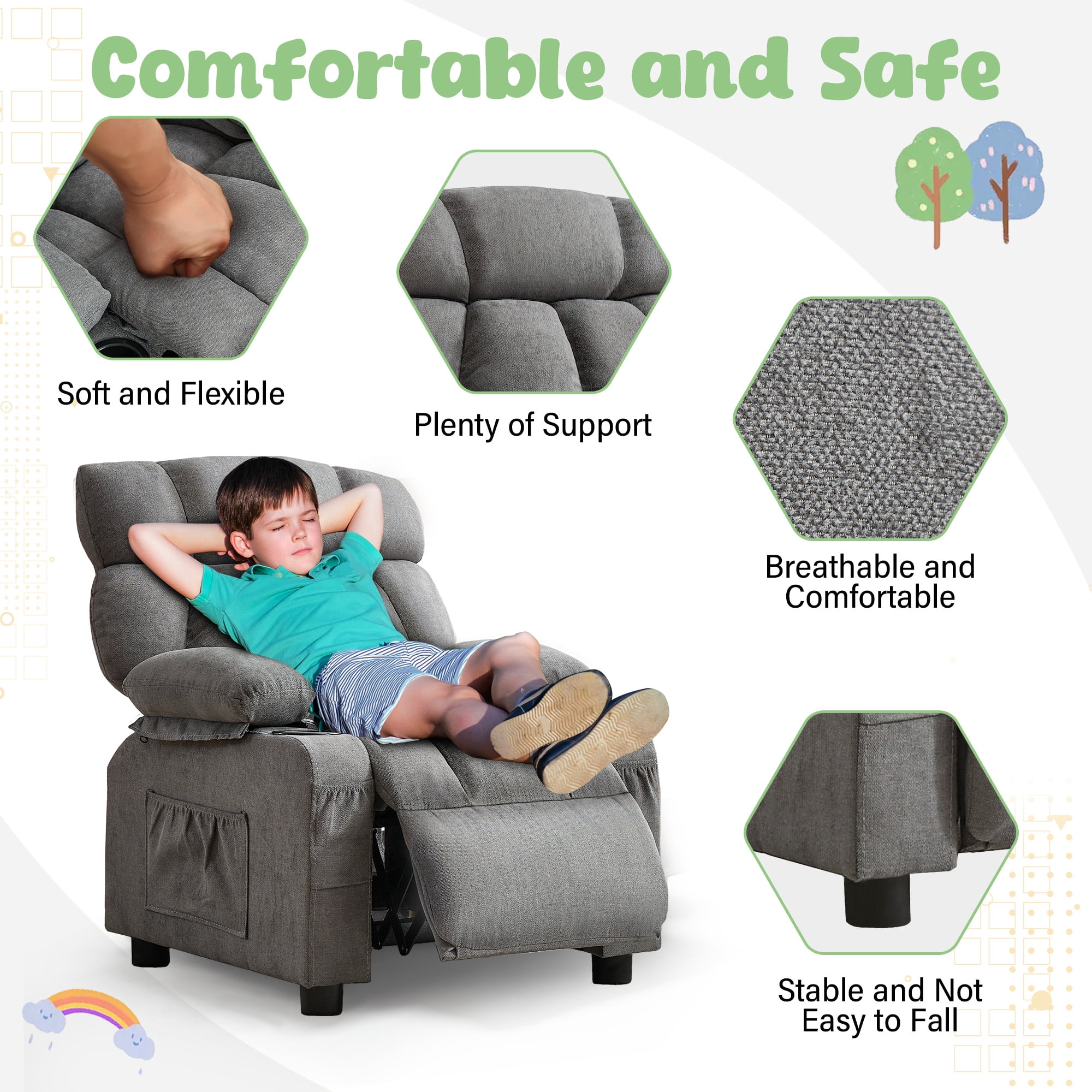 JONPONY Kids Recliner Chair,Push Back Toddler Recliner with Cup Holders & Side Pockets,Adjustable Footrest & Headrest Kids Sofa for Boys Girls 3+ Age Group, Grey
