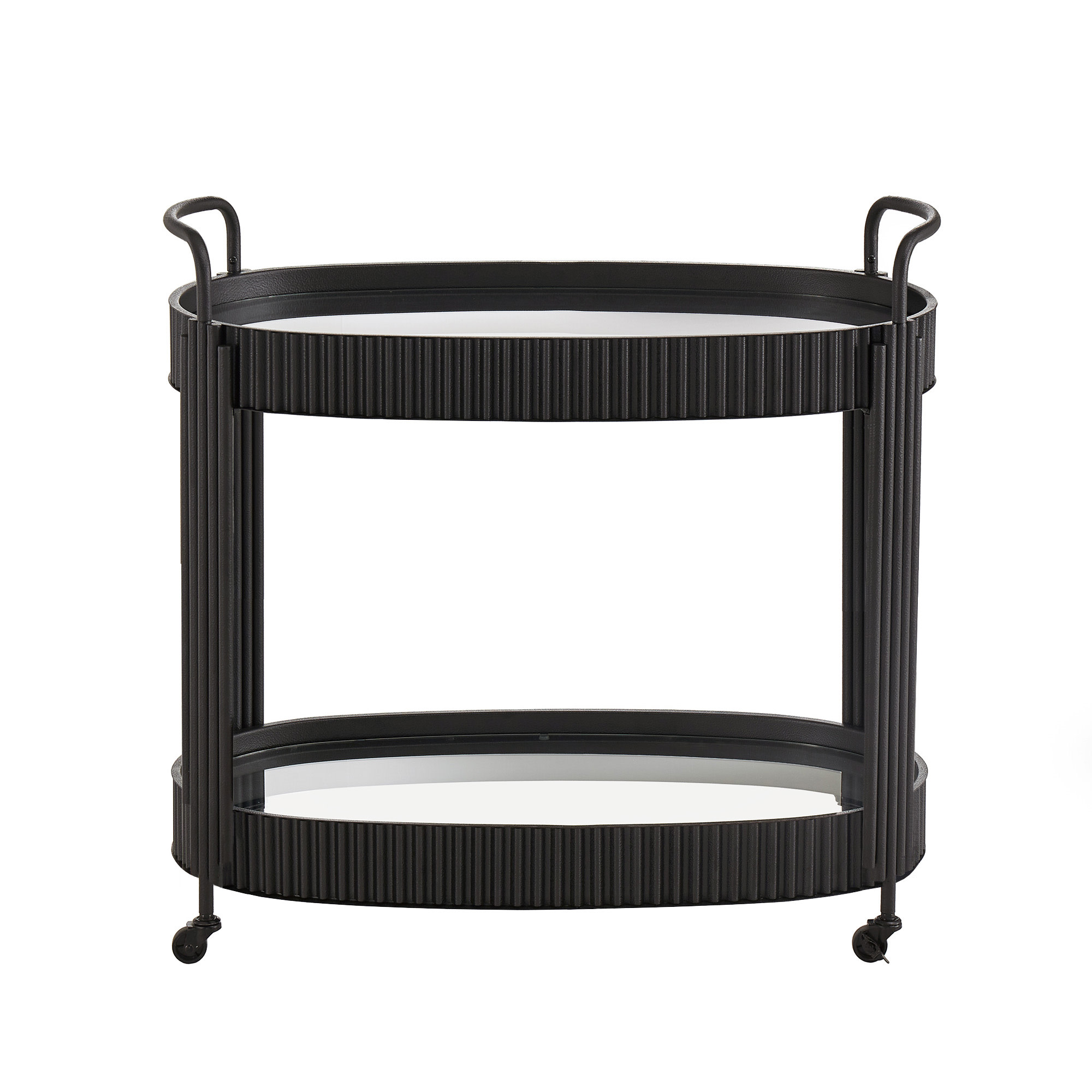 Weston Home Choteau Black Finish Metal Oval Bar Cart with Clear Tempered Glass