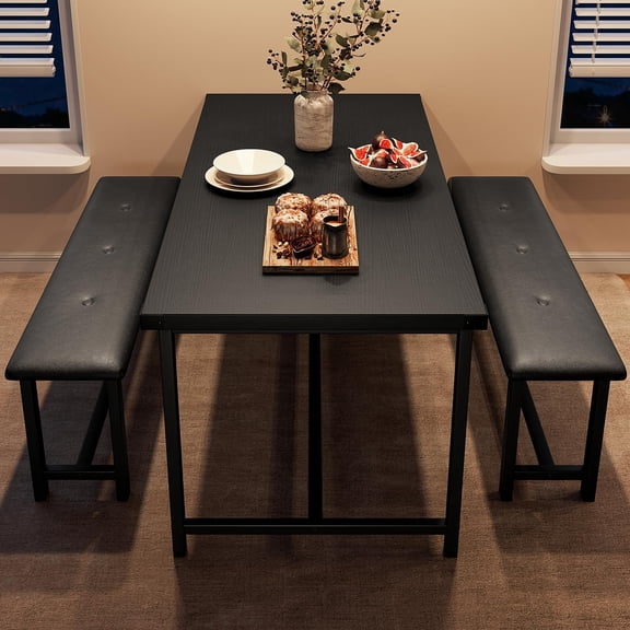 Dining Table Set for 4, Kitchen Table with Benches, Rectangular Dining Room Table Set with 2 Upholstered Benches, 3 Piece Kitchen Table Set for Small Space, Apartment, Studio, Retro Black