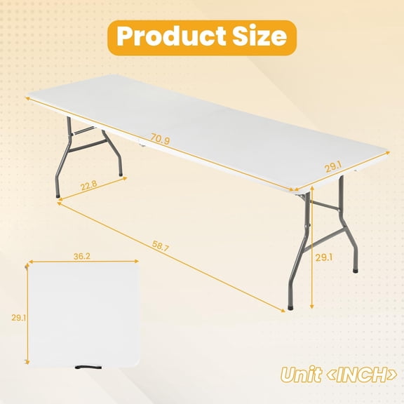 6FT Folding Table, Portable Fold-in-Half Plastic Picnic Party Table with Carrying Handle (White