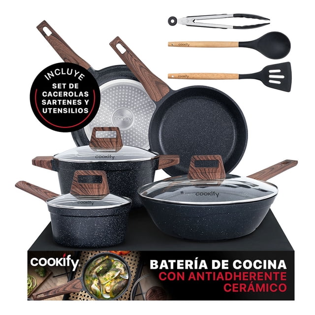 Bateria de Cocina Cookify - Juego de Sartenes, Wok, Ollas Cacerolas y Utensilios (Set 11 Pzas. Mármol Negro)