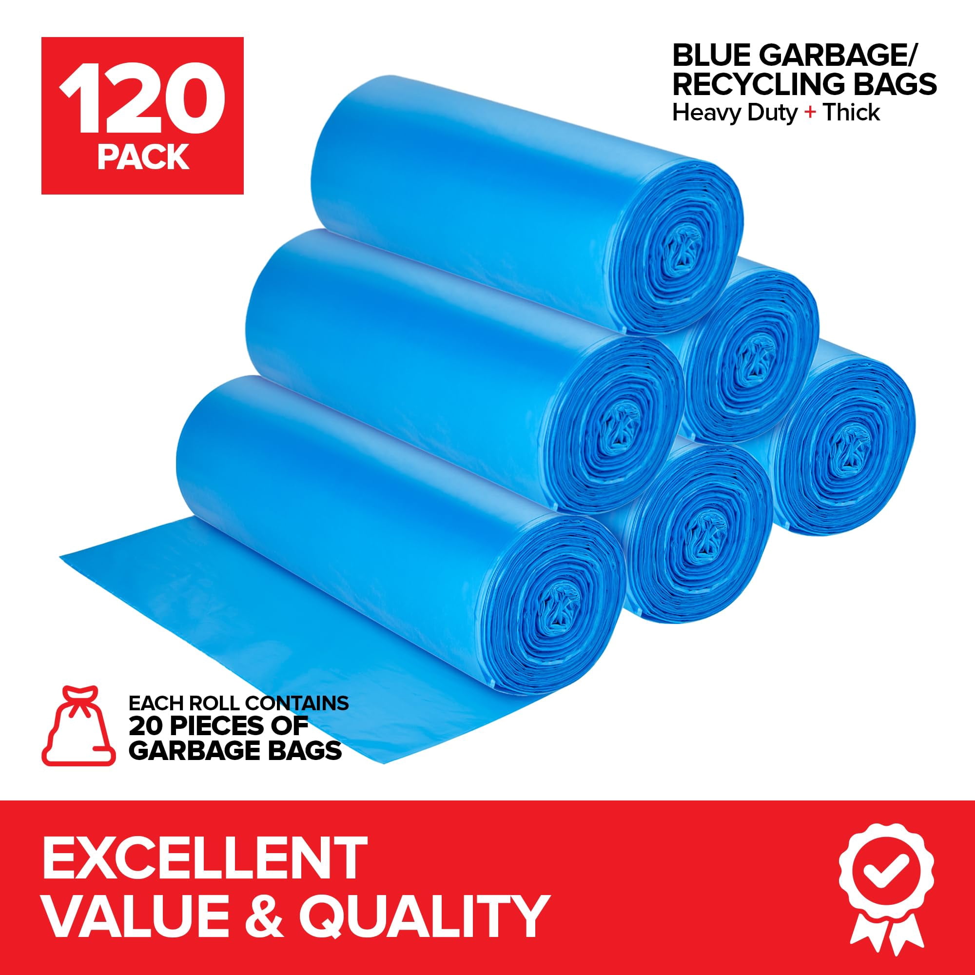 Heavy-Duty Blue Recycling Bags, 120-Pack Blue Garbage Bags For Recycling | 33-Gallon Capacity| Commercial, Industrial or Home Use