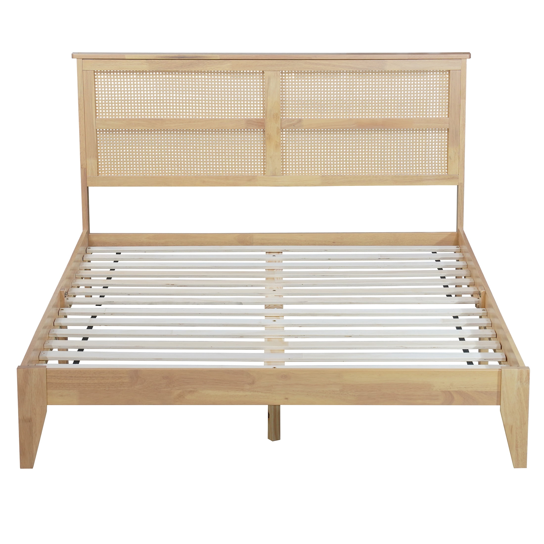 Aukfa Queen Size Bed Frame, Rubber Wooden Platform Bed with Rattan Headboard, Oak