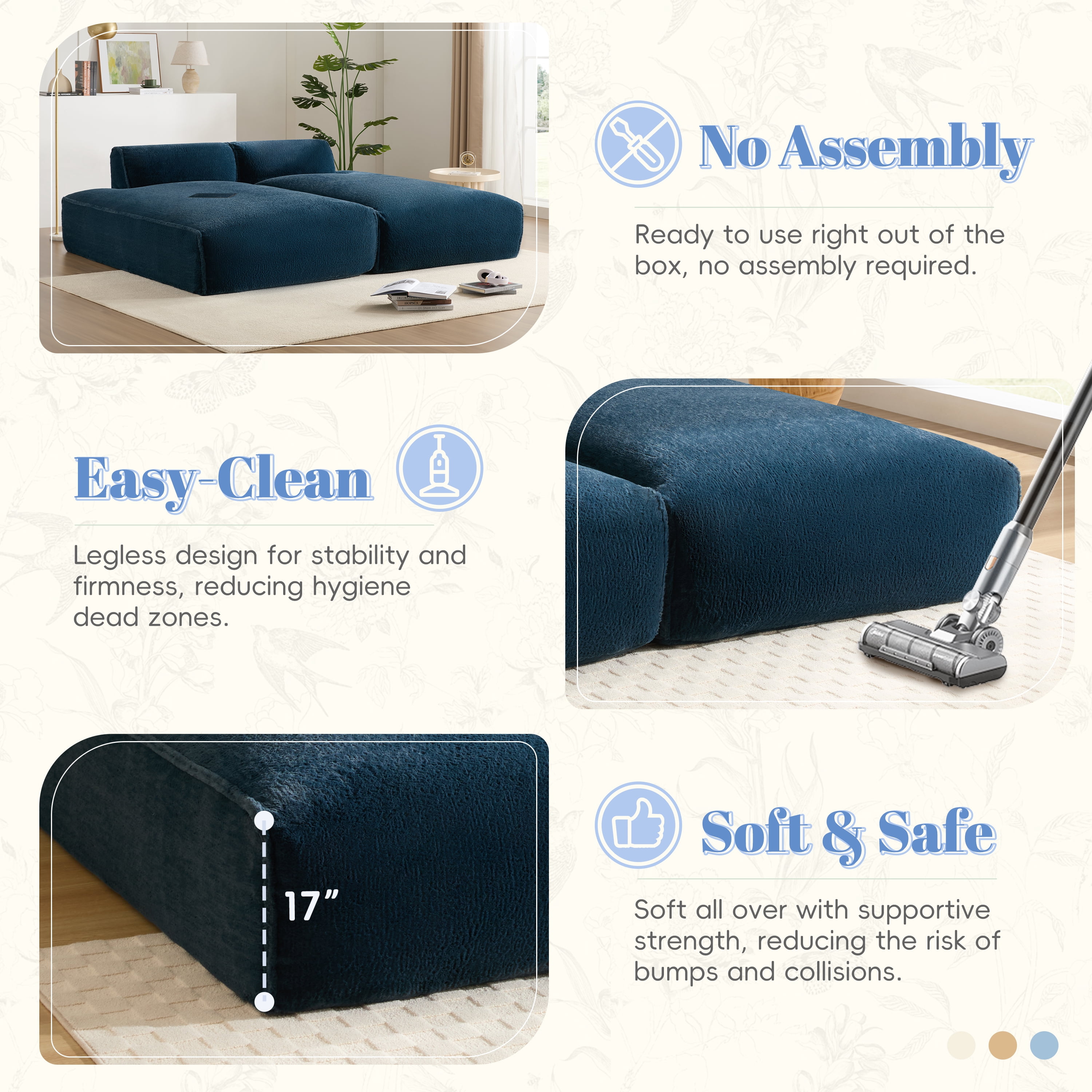 MAYEERTY 90" Oversized Modular Sofa Bed, Elderly-Friendly 2-PC Set, No Assembly, 3 Colors