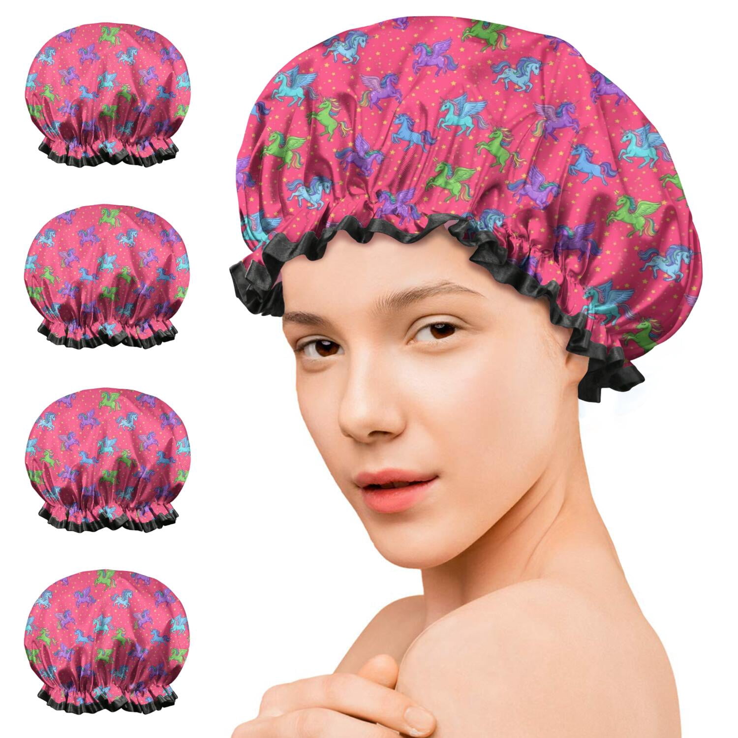 Shower Caps,Red Cartoon Unicorn Pattern Waterproof Shower Cap for Women 4 Pieces,Double Reusable Hair Cover for Shower PEVA Elastic Stretch Hem