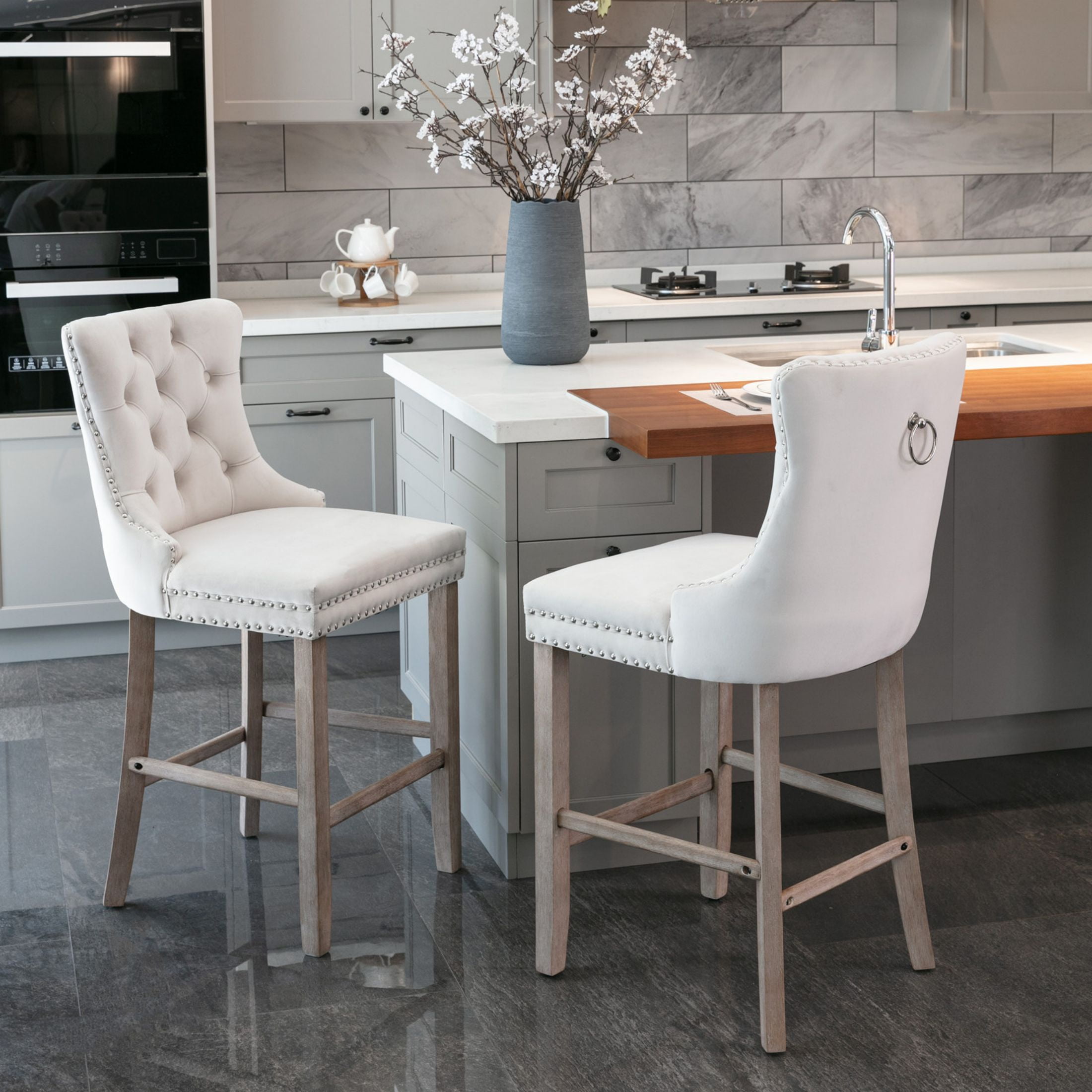 Paproos Upholstered Bar Stools Set of 2, Velvet Barstools with Wood Legs and Tufted, Modern Leisure Counter Height Bar Chairs with Chrome Nailhead Trim for Home Pub and Kitchen Island, Beige