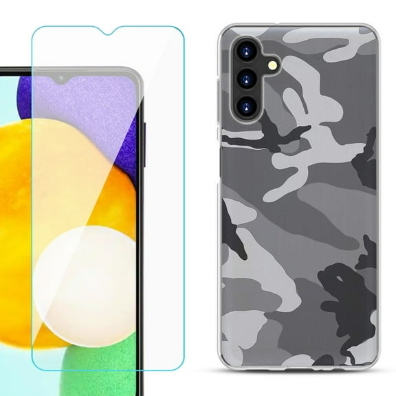 Slim-Fit TPU Fashion Phone Case for Samsung Galaxy A13 5G, with Tempered Glass Screen Protector, by OneToughShield ® - Camo B/W
