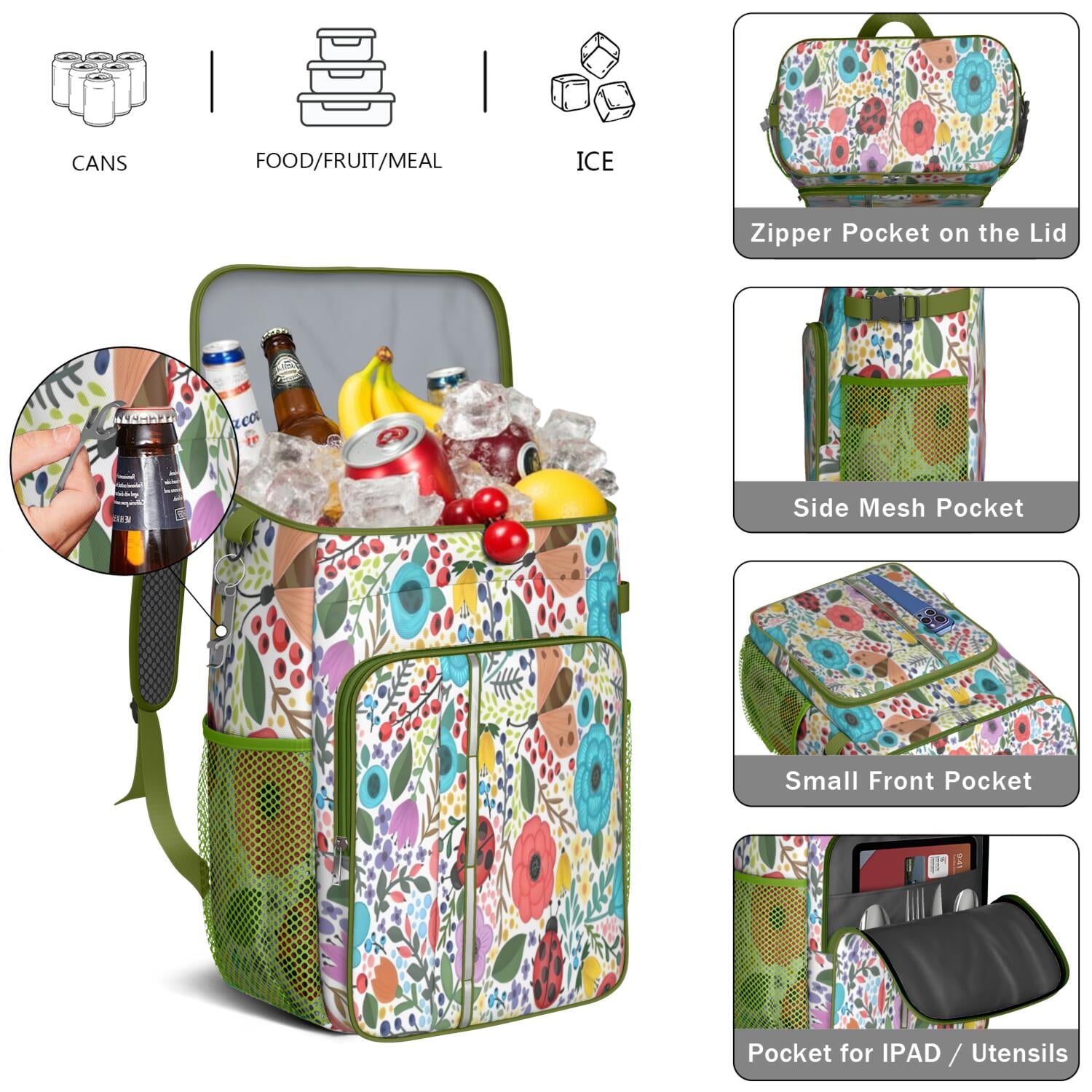 Travel Cooler Bag - Pioneer Flower Floral Print Pattern Camping Beer Cooler Backpack with Bottle Opener- Waterproof Insulated Picnic Backpacks - Cooler Bag for Beach