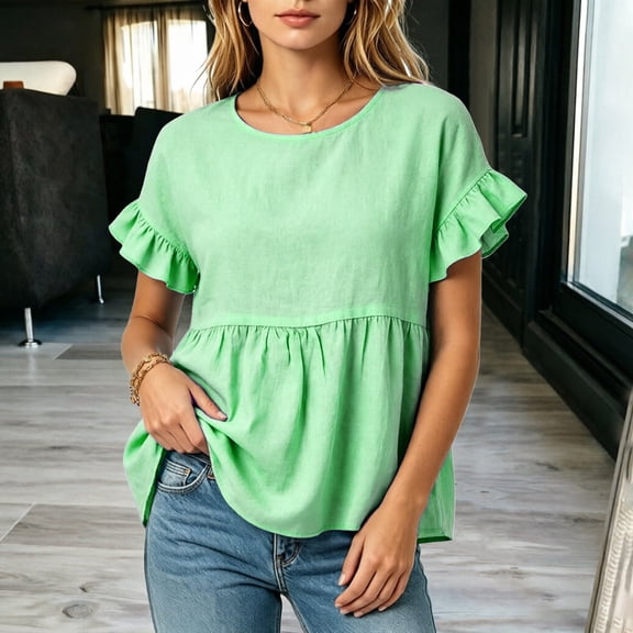 Womens Cotton Linen Babydoll Tops Cute Ruffle Short Sleeve Blouses Casual Round Neck Shirts Summer Trendy Outfit Light Green L