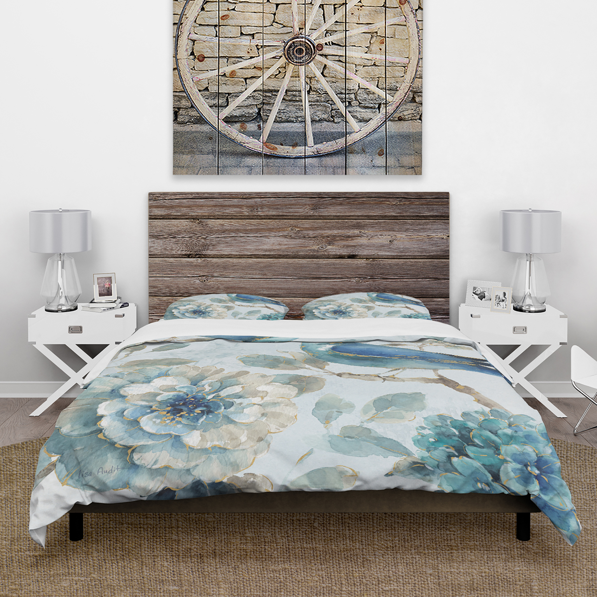 Designart 'Indigold Watercolor Lovely bird II' Cottage Duvet Cover Set
