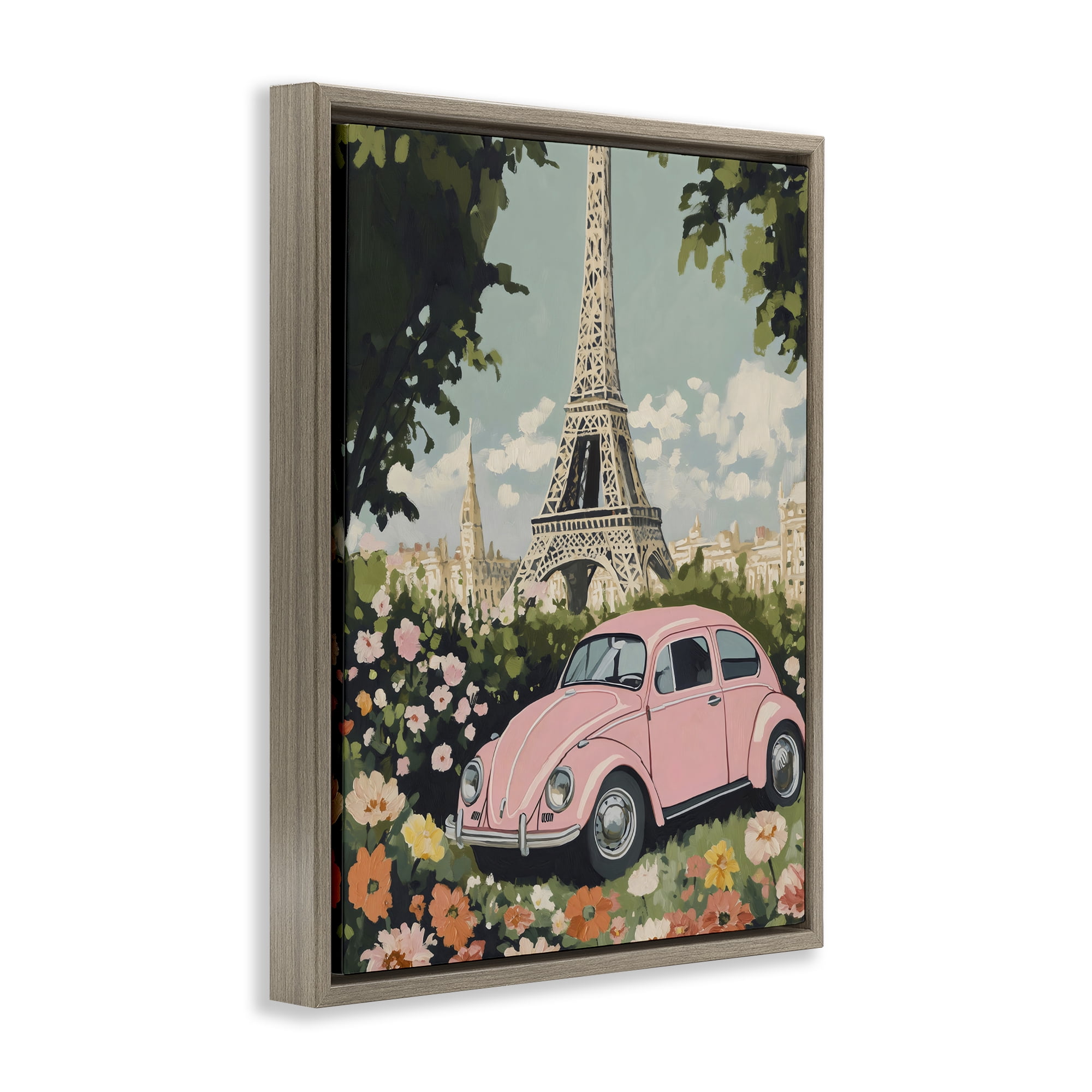 Stupell Industries Paris Pink Car in Bloom Brown Framed Floater Canvas Wall Art, design by The Prints Vibe