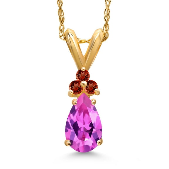 Gem Stone King 14K Yellow Gold Pink Created Sapphire and Red Garnet Pendant Necklace for Women | 1.11 Cttw | Gemstone September Birthstone | Pear Shape 7X5MM | With 18 inch Chain