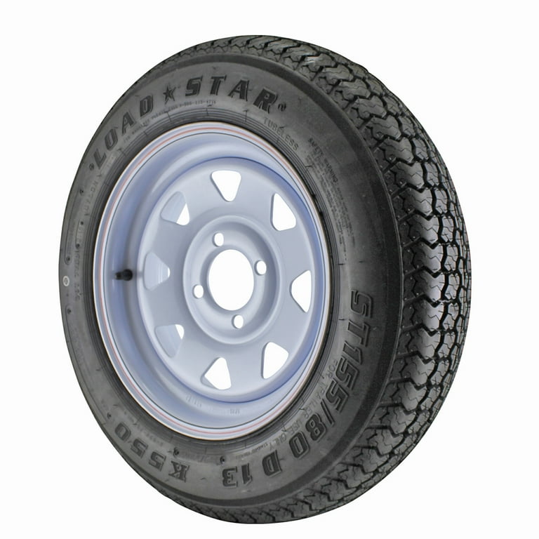 ST155 80D13 Loadstar Trailer Tire LRC on 4 Bolt White Spoke Wheel