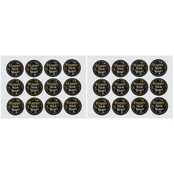 EXHUMKY 16 Set Happy New Year Black Round Labels for Crafts, Sealing Stickers for Cookies, Bags, and Party Decorations
