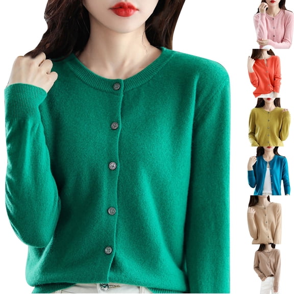 Womens Basic Long Sleeve Crew Neck Button Down Cardigan Comfortable Casual Layering Piece