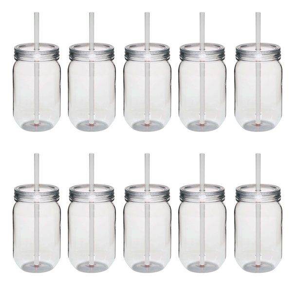 Plastic Mason Jars with Straw Set 24 oz. Set of 10, Bulk Pack Jars