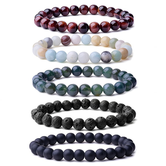 Designice 5 Pcs Beaded Bracelets for Women and Men,8MM Round Crystal Gemstone Beaded Bracelet,Stretch Bracelets for Women and Men
