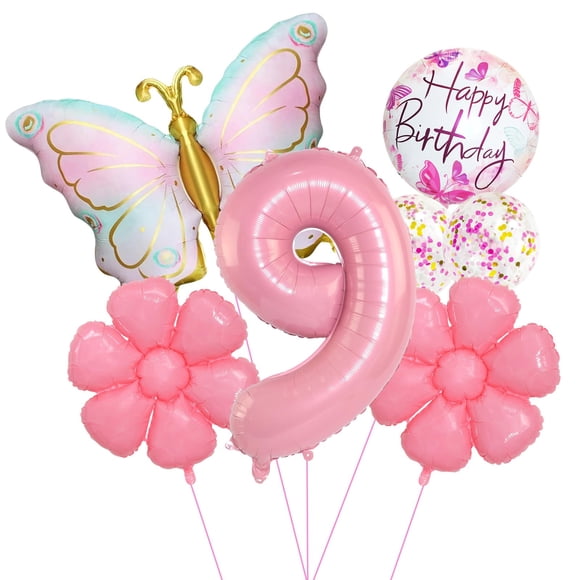 Set de globos de cumpleaños JKGOO Pink Butterfly para niña que cumple 9 años