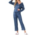 thumbnail image 2 of INSPIRE CHIC Women's Satin Pajamas Stripe Lounge Nightshirt Button Down Tops with Pants Pj Sets L Blue, 2 of 5