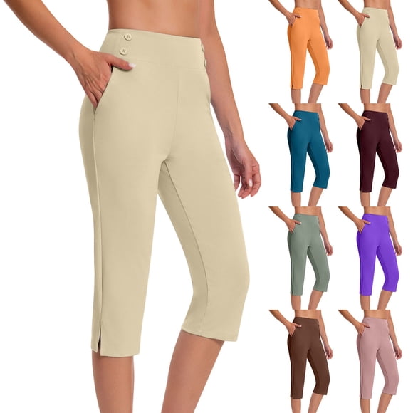Fartey Pantalon Capri de Travail pour Femme Grande Taille Taille Haute Contrôle du Ventre Capris de Golf Extensibles Pantalon Court Décontracté de Bureau avec Poches Orange 2TG