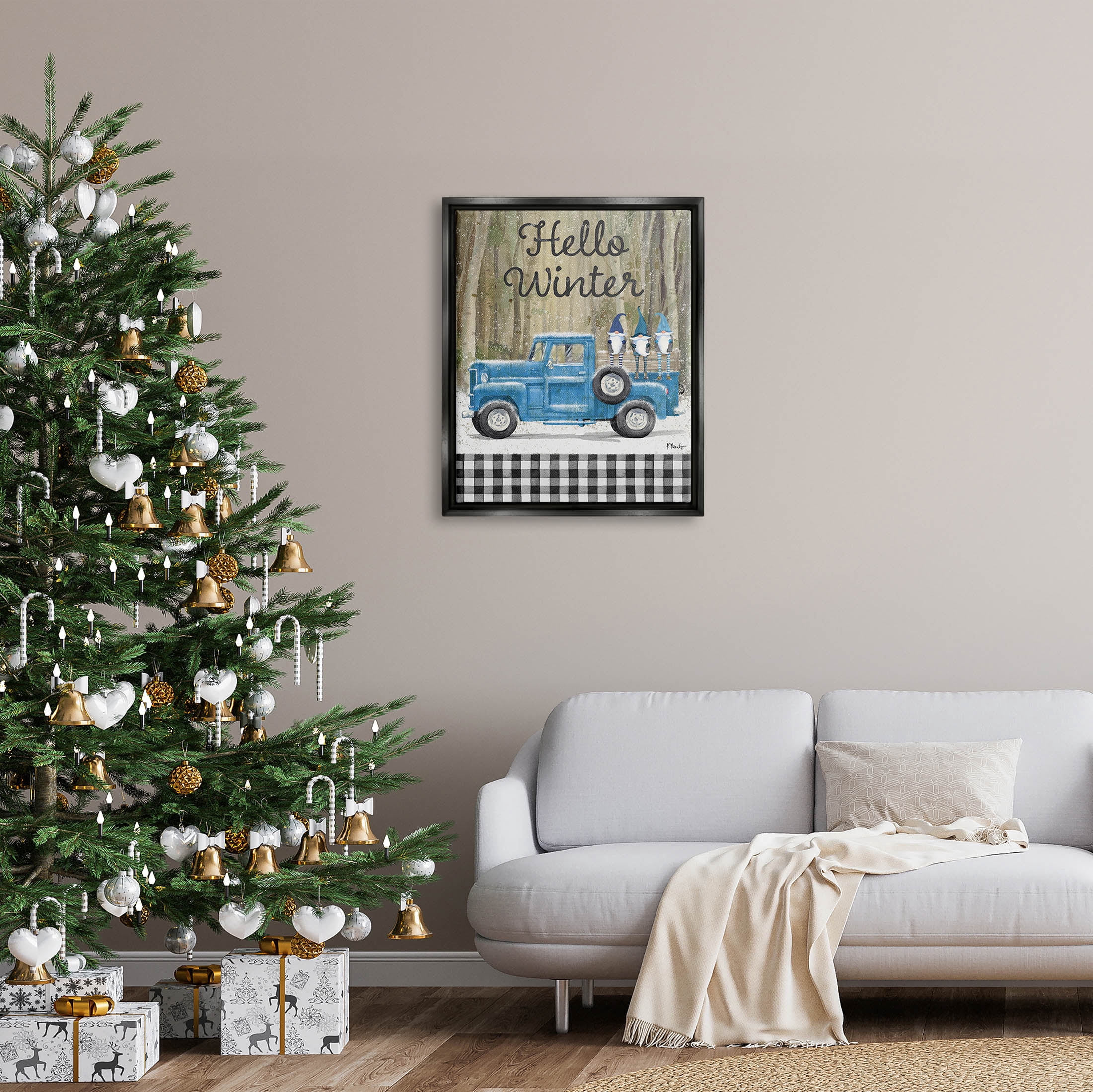 Stupell Industries Hello Winter Plaid Gnomes Graphic Art Jet Black Floating Framed Canvas Print Wall Art, Design by Paul Brent