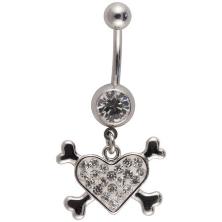 Hot Silver Surgical Silver Crystal Accent Heart and Crossbones Belly Button Ring