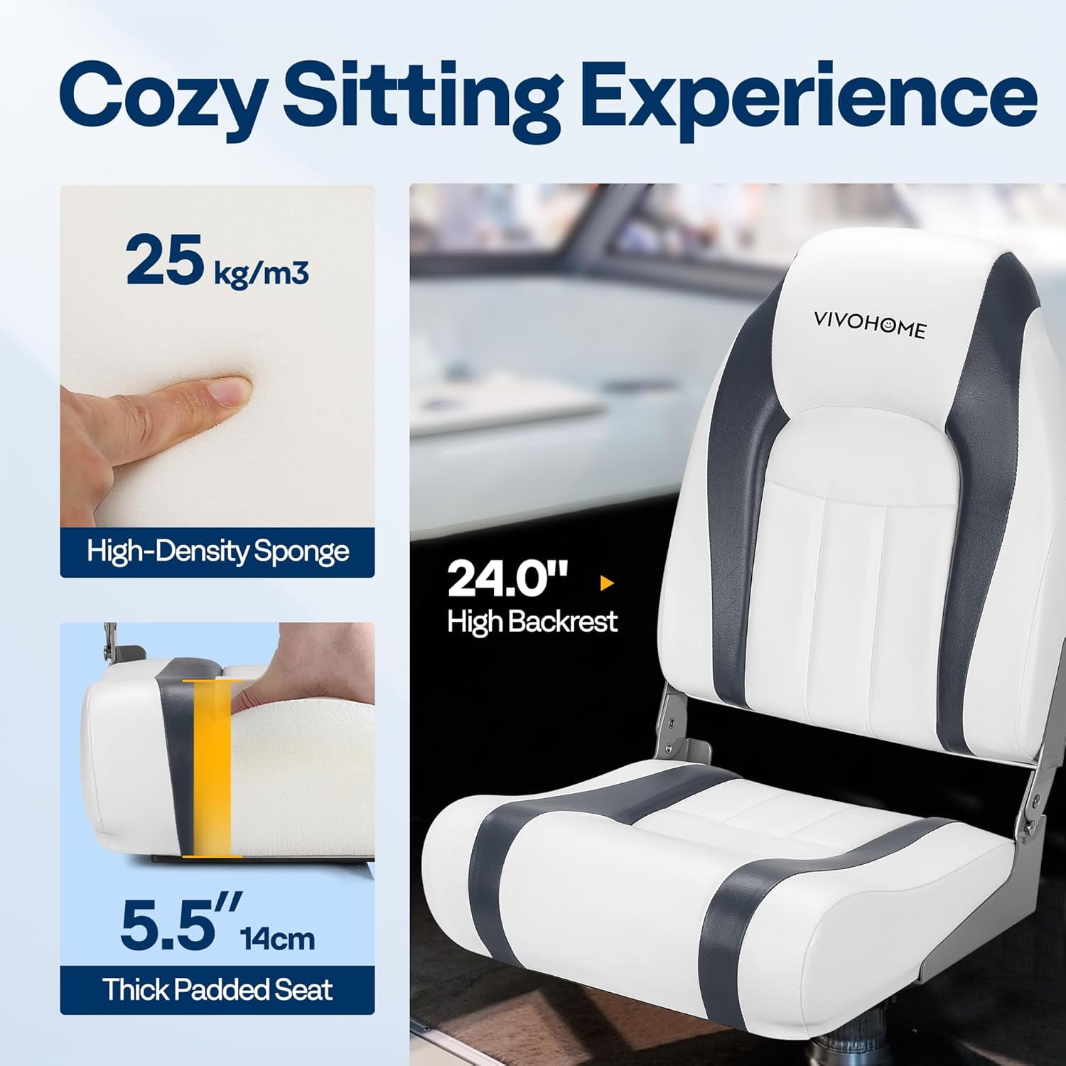 SPECSTAR Folding High Back Boat Seats 2 Pack, Waterproof Boat Captain Chairs, 4 Mounting Screws Included, White and Gray