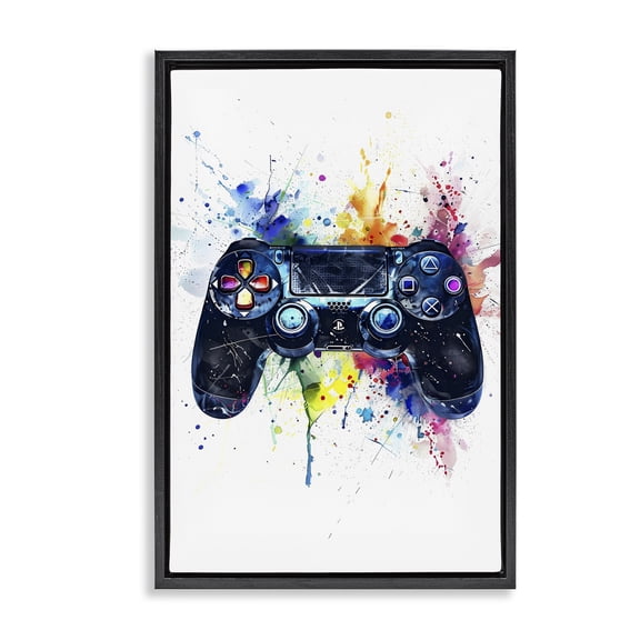 Stupell Industries Colorful Gaming Controller Splatter Black Framed Floater Canvas Wall Art, design by Creative Studio