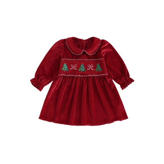 Cjfdfy Toddler Baby Girl Christmas Dress Outfit Baby Girls Red Velvet Smocked Dress Fall Winter Clothes Xmas Tree Embroidery Doll Collar Long Sleeves A Line Dress