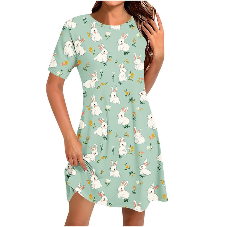 Plus Size Easter Dresses for Women Floral Print Short Sleeve Round Neck Casual Loose Fit