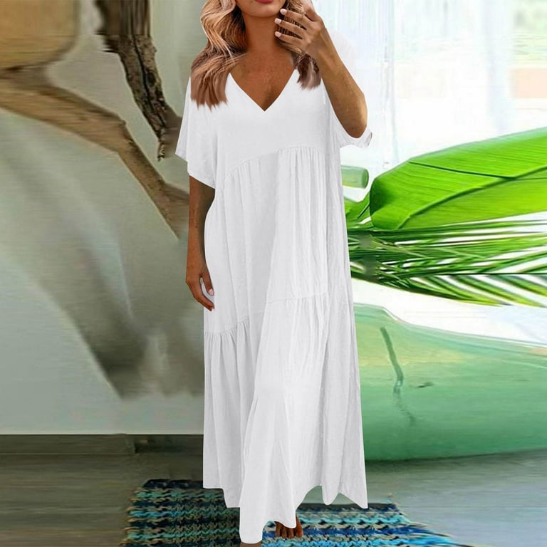 Efsteb Womens Summer Dresses 2025 V-Neck Pleated Long Dress Summer Casual Solid Color Short Sleeve Fashion Beach Vacation Sundresses Comfy Dresses (White,XL) - Walmart.com Efsteb Womens Summer Dresses 2025 V-Neck Pleated Long Dress Summer Casual Solid Color Short Sleeve Fashion Beach Vacation Sundresses Comfy Dresses (White,XL) - Walmart.com