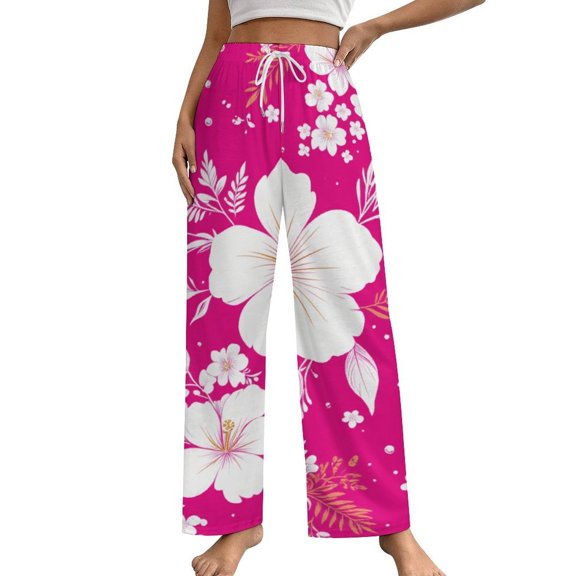 Red with White Hibiscus Hawaiian Flower Pattern-1 Pajamas For Women Loose Retro Night Pajama Pants Comfortable Sleepwear Bottoms Homewear