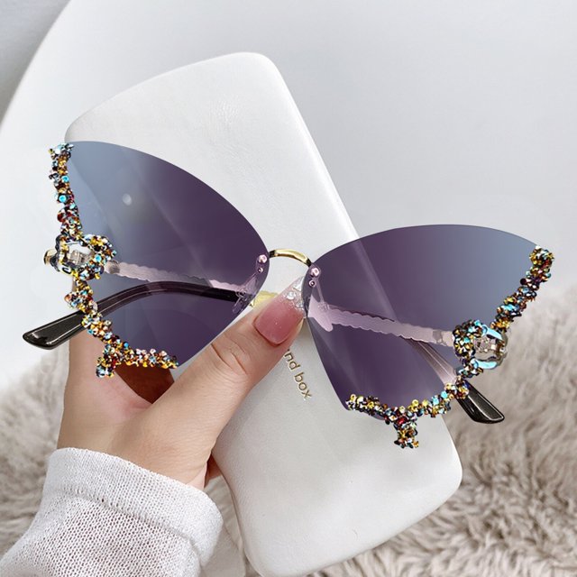 Gafas de sol de mariposa de cristal sin marco para mujer, gafas de sol sin montura, gafas de marca Vintage, gafas de diamantes brillantes, diseñador de lujo qiuyongming unisex