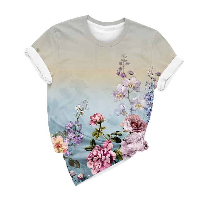 Mujeres de Verano Superior Impreso de Manga Corta Cuello de la Tripulación, Ligera Blusa de Estante de Imitación para el Uso Diario Y en el Hogar