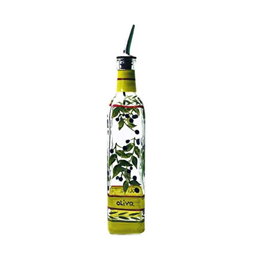 Containly Hand Painted Glass Oliva Branch Oil and Vinegar Glass Cruet for Kitchen, Olive Oil Dispenser With Stainless Steel Spout for Easy Pouring