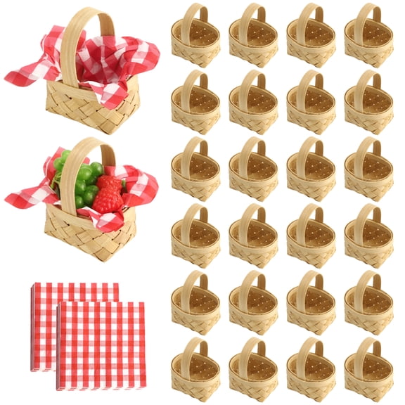 24PCS Mini Woven Handle Baskets, 3.5" x 2.8" x 2" Mini Wood Picnic Handle Basket Set with 40 Sheets Red Plaid Napkins, Rustic Wooden Picnic Baskets for Wedding, Christmas, Holiday, Party, Storage