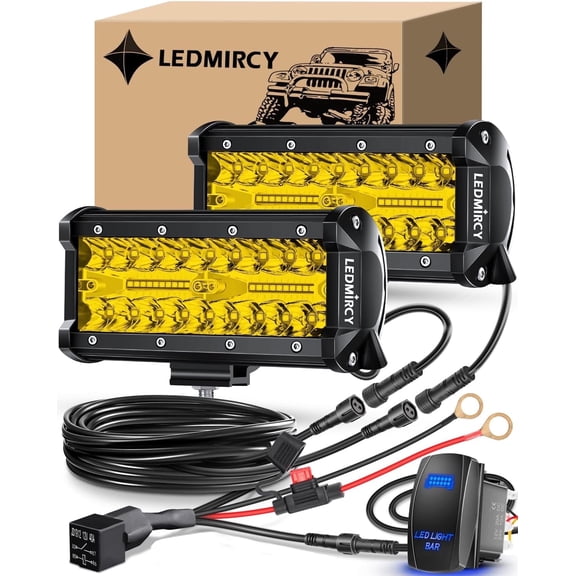 LEDMIRCY 7 Inch Triple Rows LED Light Bar Kit, 2PCS Yellow LED Pod Lights, Rocker Switch Wiring Harness, Spot Flood Combo Beam Waterproof Off Road Lights for Truck ATV SUV UTV Boat