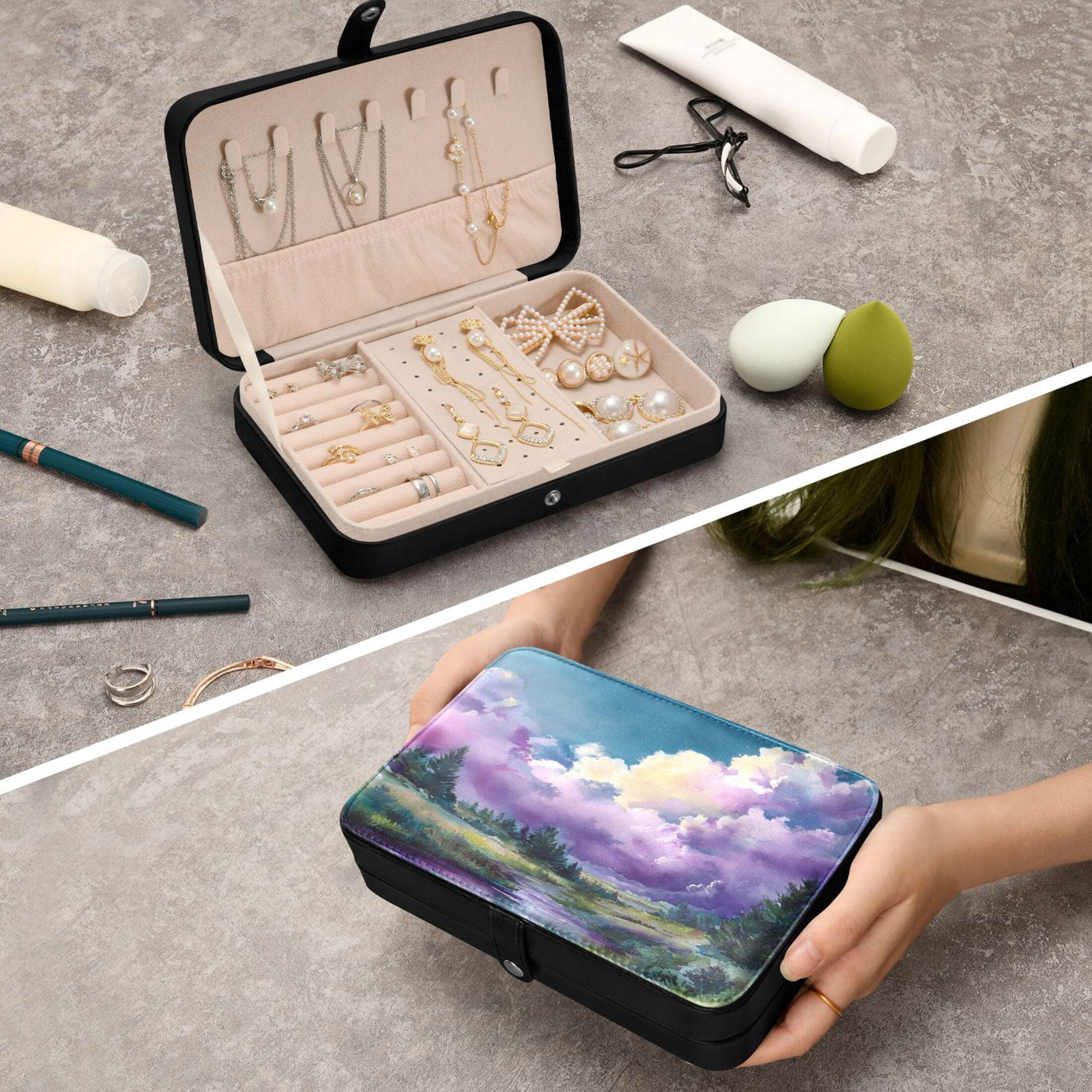 Leather Jewelry Box Rectangular 8.27x5.5x1.78In Travel Jewelry Storage Earrings Necklace Bracelet Watch Brooch Storage Watercolor Cloud