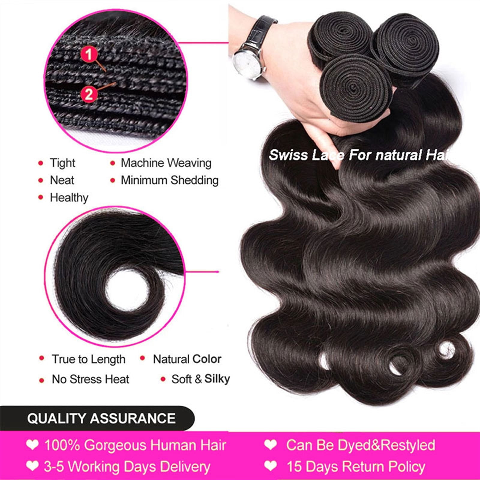Natural Black Color Body Wave Bundles Human Hair Brazilian Weaving 3/4 Bundles Hair Heat Resistant Raw Hair Extensions