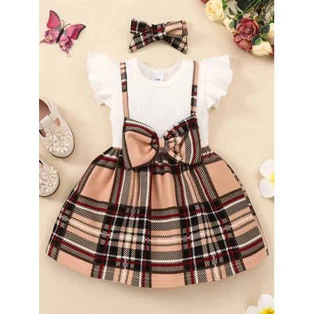 

Baby Girls Color-Block Plaid Bow-knot Decor Ruffle Sleeve Dress & Headband Baby Clothes