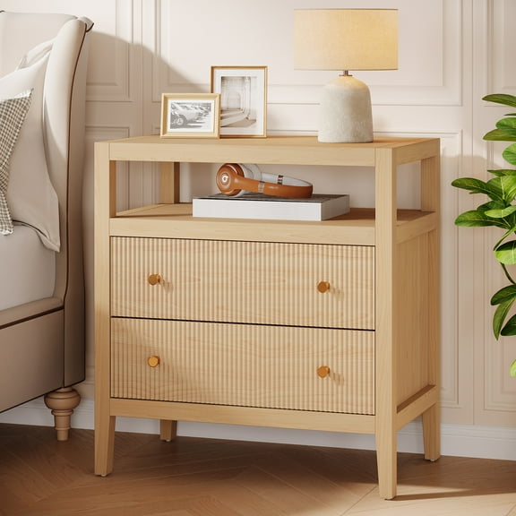 Tribesigns Farmhouse Nightstand, 2-Drawer Nightstand with Open Storage Shelf for Bedroom, Living Room, Oak