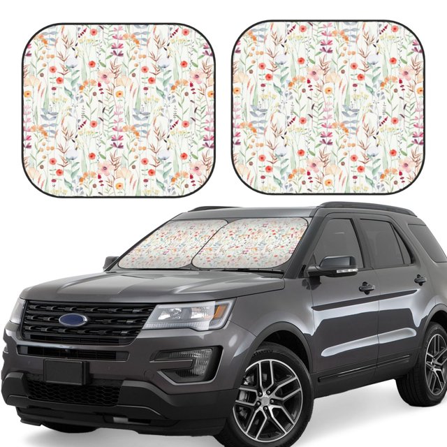 Fotbe Wildflower Watercolor 4 Juego de 2 Piezas de Parasoles para Parabrisas | Bloqueador Solar para Auto | Accesorios Plegables para Protección Solar Interior-Small