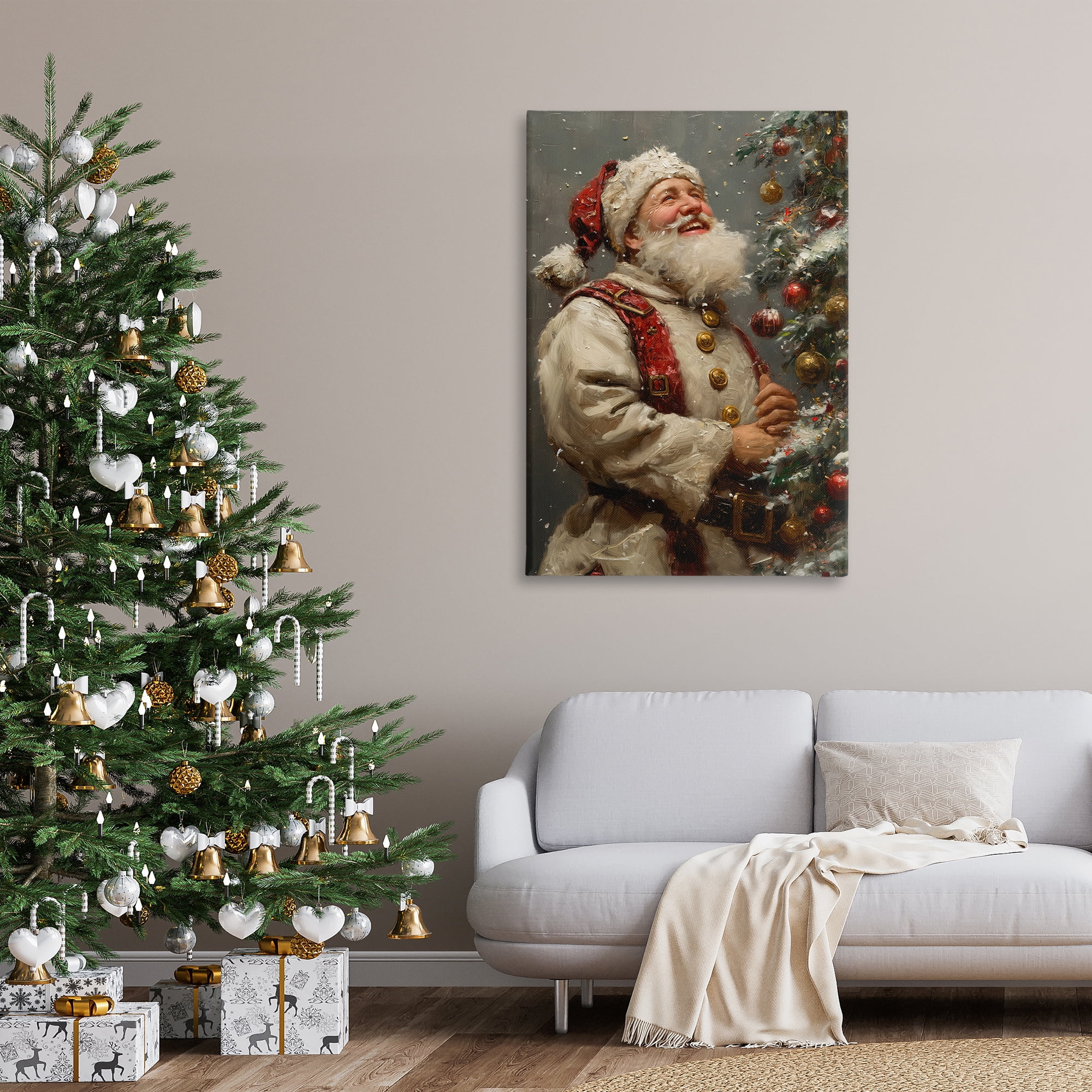 Stupell Industries Happy Santa & Tree Holiday Painting Gallery Wrapped Canvas Art Print Wall Art, 30 x 45