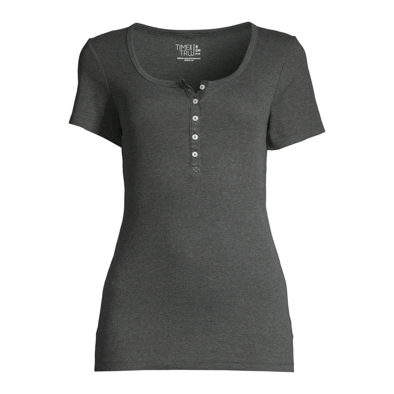 Time and Tru Women's Ribbed Henley T-Shirt with Short Sleeves