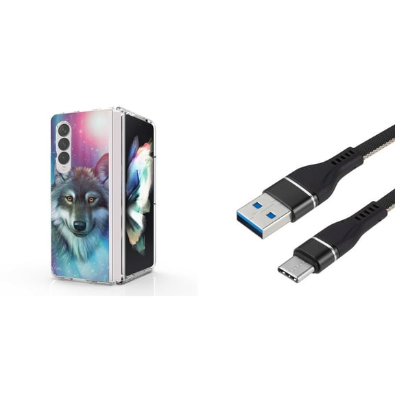 Accessory Bundle for Galaxy Z Fold 4: Slim Snap-On Case (Mystic Wolf), Nylon Braided USB-C to USB-A Cable (3 Feet)