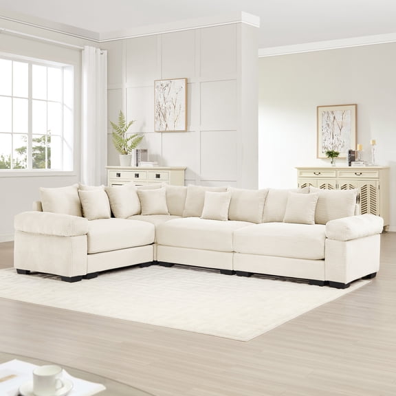 4-seater Oversized Cloud Modular Sectional Couch,Convertible Sectional Deep Seat Extra-Wide Armrests,12 Throw Pillows Premium Corduroy Fabric, Ergonomic Design,Easy Assembly for Living Rooms (Beige)