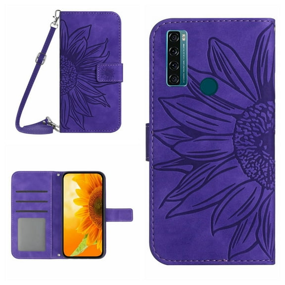 For TCL 20 SE Skin Feel Sun Flower Pattern Flip Leather Phone Case with Lanyard