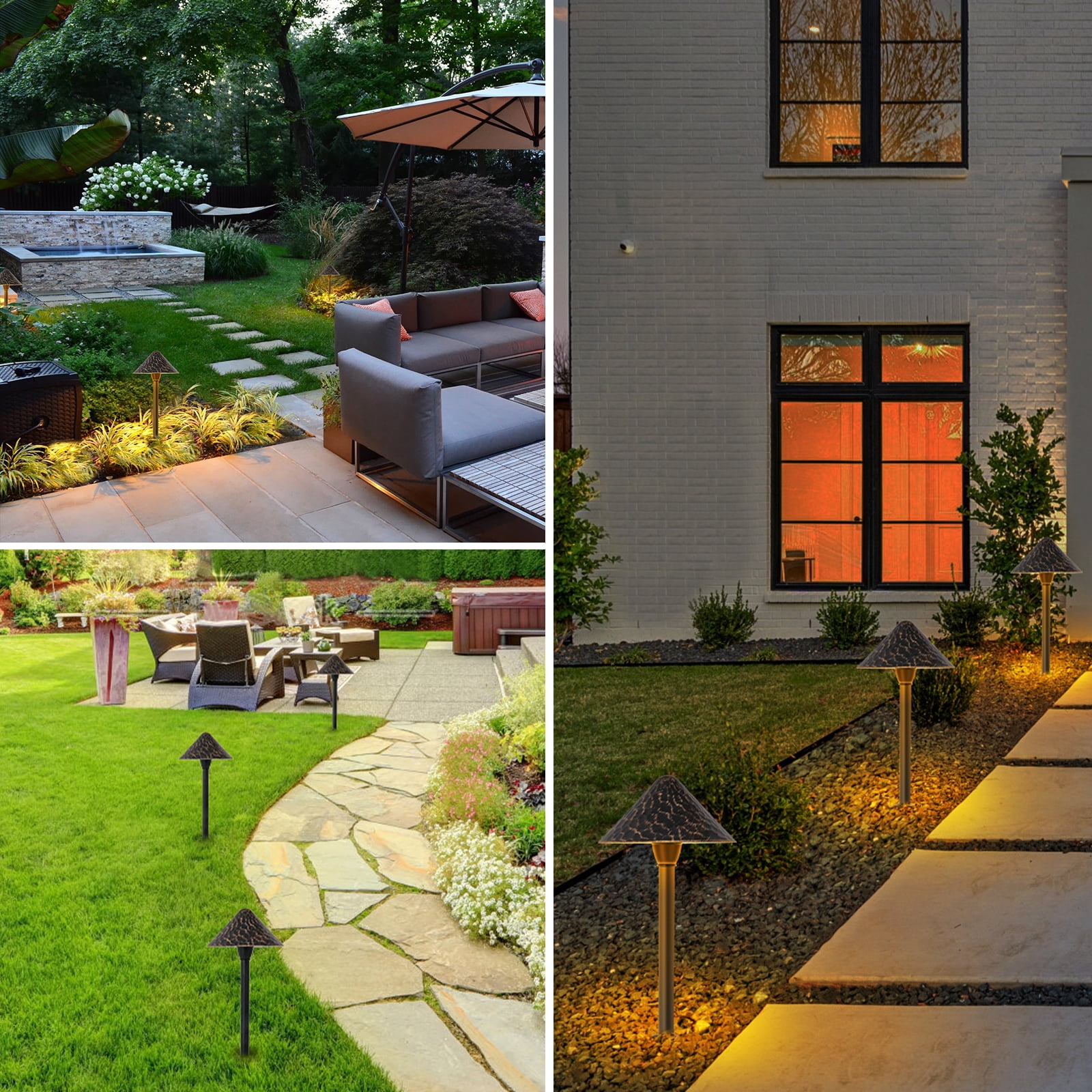 4-Pack Low Voltage Pathway Lights, 3W 12-24V CRI90+ Low Profile LED Landscape Path Lights, Cone Head with Vintage Golden Texture, Black Aluminum Housing,2700K Warm White for Garden