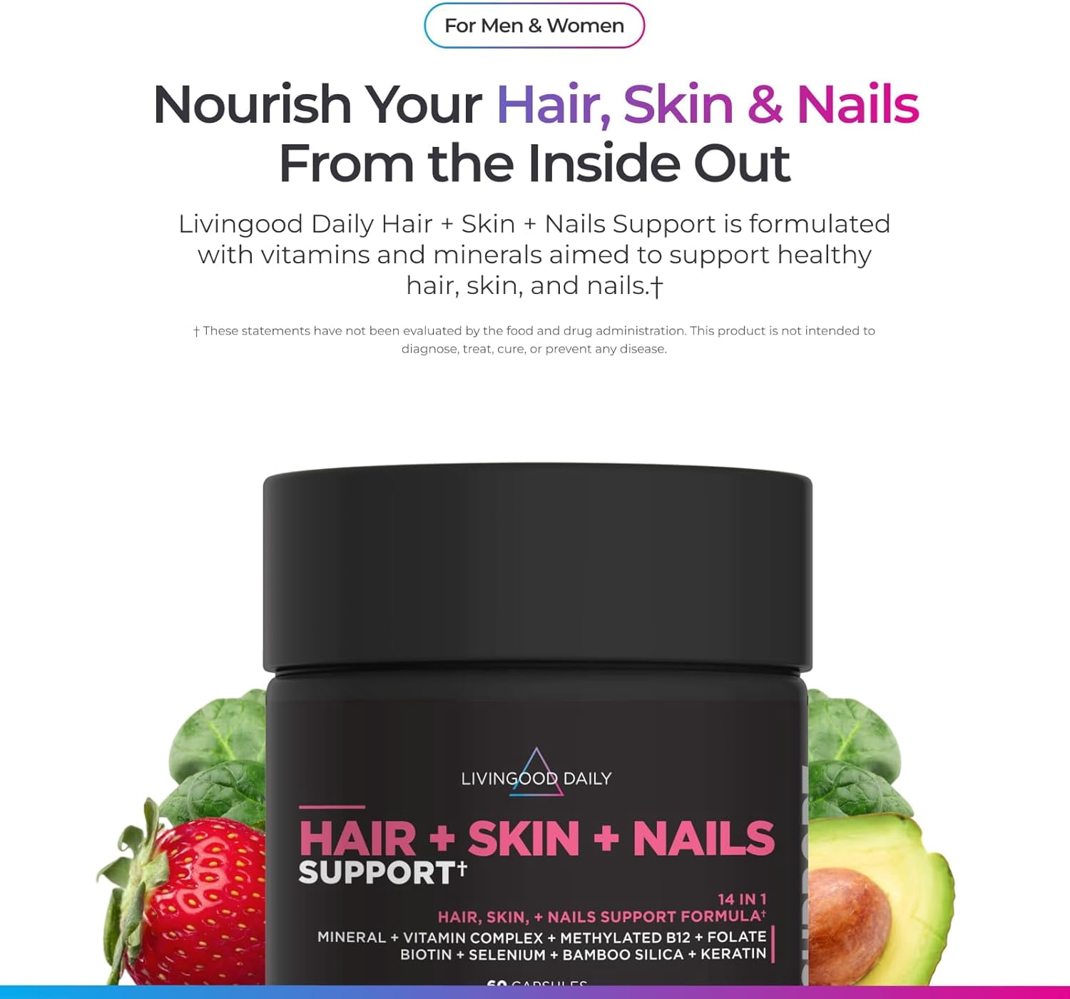 Livingood Daily Hair, Skin & Nails Supplement, 14-in-1 Formula with Biotin, Collagen, Keratin, Bamboo, Selenium, Folate, B12, Zinc and More, Beauty Supplement for Women & Men, Gluten Free, 60 Capsule