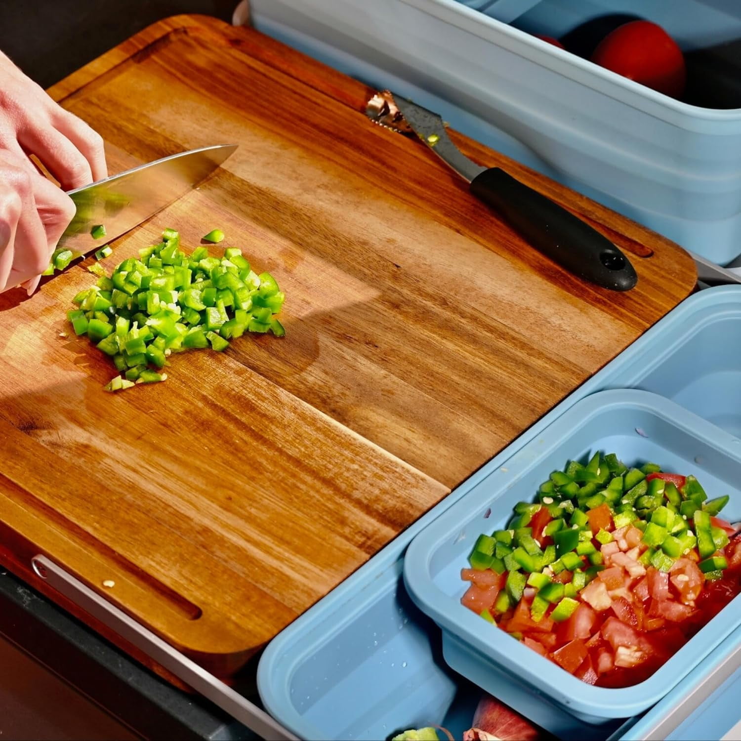 TidyBoard Meal Prep System - Acacia Cutting Board - The Quick & Easy Meal Prep Solution, Teal